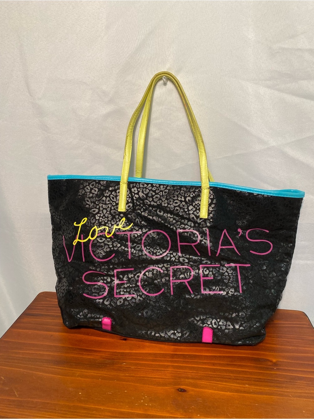 Victoria's Secret Black Leopard Tote with Yellow Handles and Pink Logo